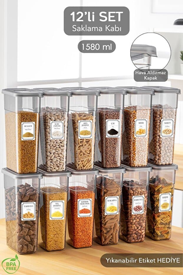 12'li Etiketli Erzak Saklama Kabı Seti - Sızdırmaz Kapaklı Bakliyat Saklama Kutusu  - 12 x 1580 ml