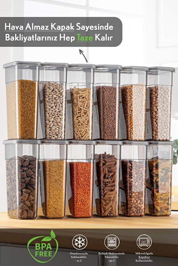 12'li Etiketli Erzak Saklama Kabı Seti - Sızdırmaz Kapaklı Bakliyat Saklama Kutusu  - 12 x 1580 ml