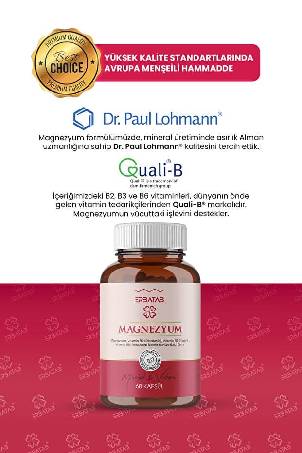 Magnezyum 3 Lü Form (BİSGLİSİNAT, SİTRAT, MALAT) & Vitamin B2 , B3 , B6 - 60 Kapsül