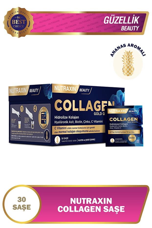 Collagen 30 Saşe 10.000 Mg Tip 1 Tip 3 Ananas Aromalı Hyalüronik Asit Çinko B5, B6, Biotin, Selenyum