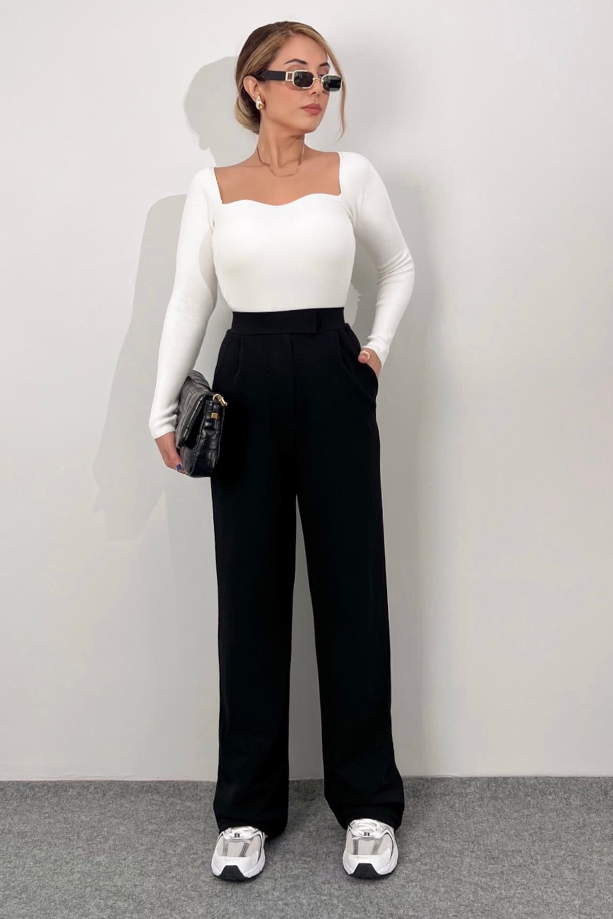 Line Kadın Likralı Cırt Kapama Siyah Palazzo Pantolon