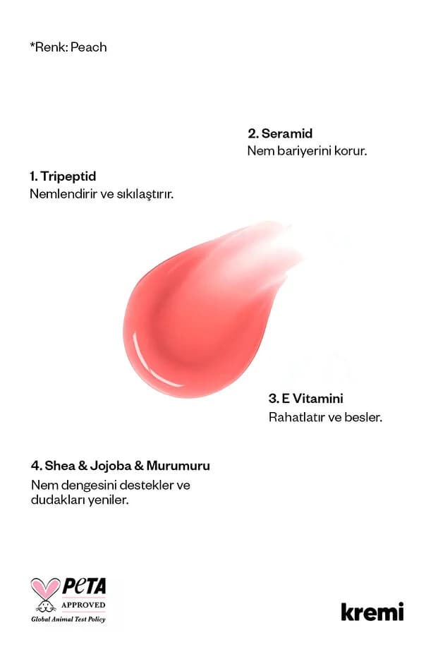 Dudak Bakım Parlatıcı Lip Balm Peach, Pembe Nude, Nemlendirici, Peptit, Seramid, E Vitamini 13ml