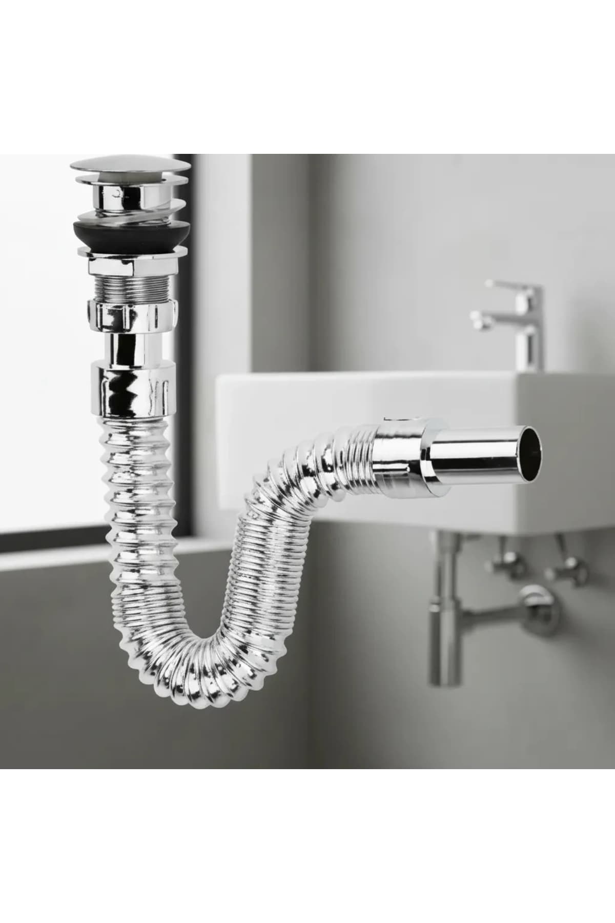 Krom Basmalı Sifon -Körüklü Sifon Bas Stoplu Lavabo Mutfak Sifonu-Paslanmaz ( Lisinya )