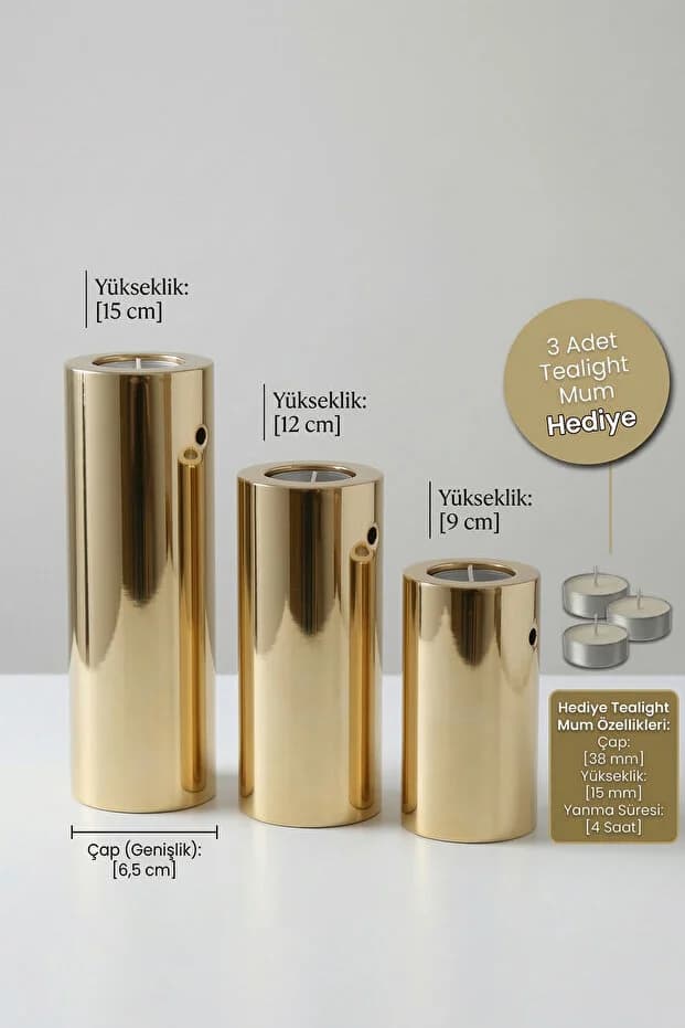 3 Lü Gold Krom Parlak Yüzey Mumluk Dekoratif Tealight Set Mum Abs Plastik Altın