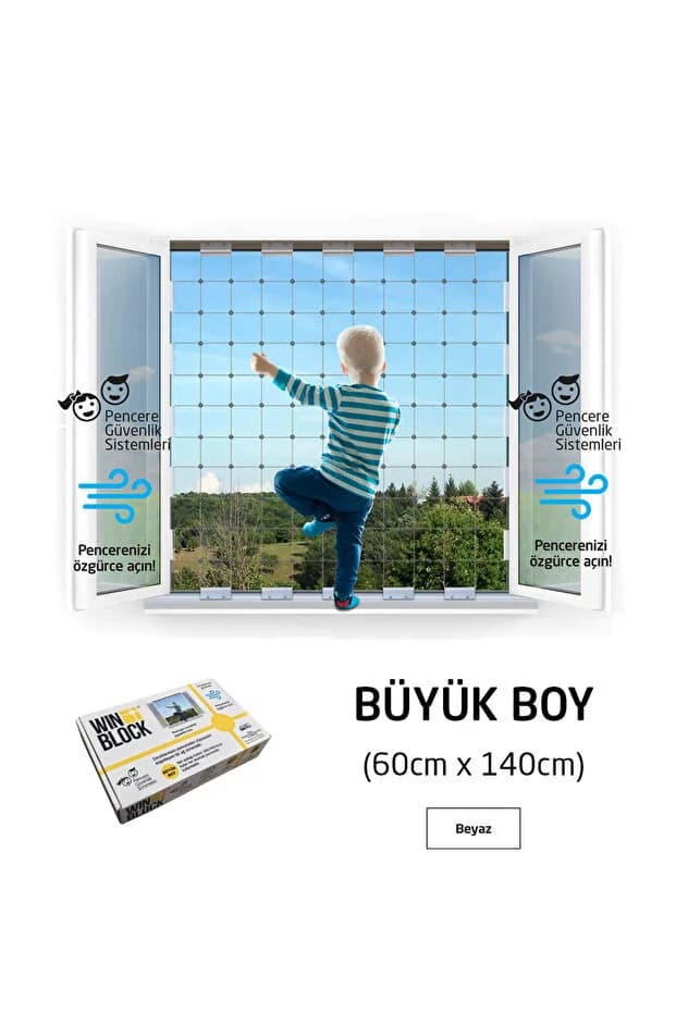 Büyük Boy (60X140 CM) - Çocuklar Için Pencere Çelik Güvenlik Ağı - Yeni Nesil Korkuluk -siyah Profil