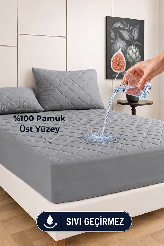 Premium %100 Pamuk Kapitone Fitted Full Kenar Su Sıvı Geçirmez Yatak Koruyucu Alez Tüm Ölçüler Gri Kahverengi Pudra