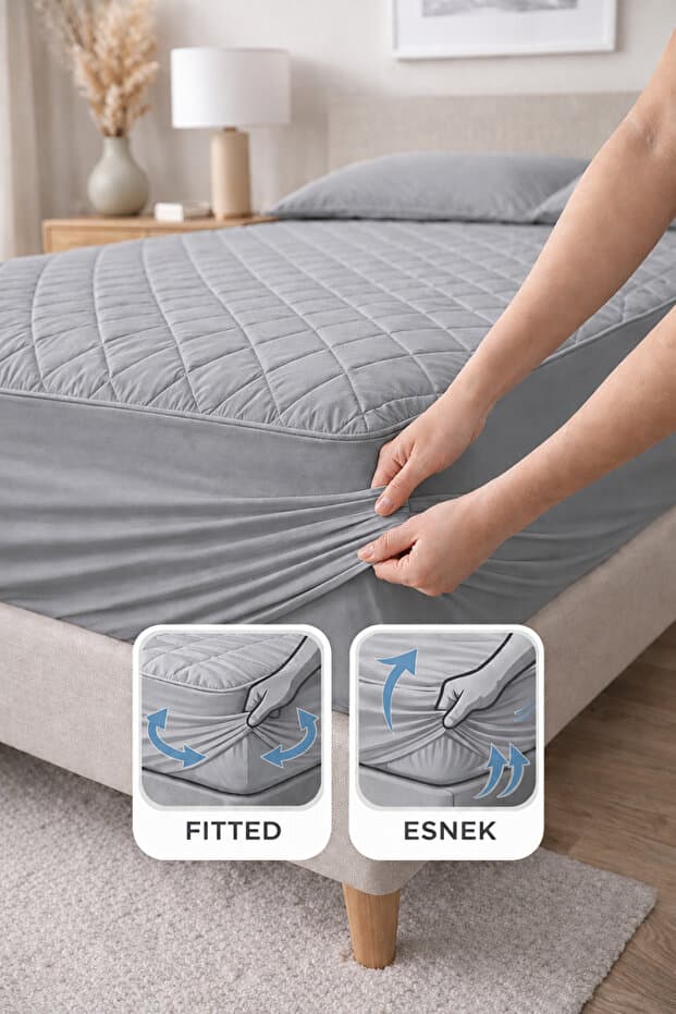Premium %100 Pamuk Kapitone Fitted Full Kenar Su Sıvı Geçirmez Yatak Koruyucu Alez Tüm Ölçüler Gri Kahverengi Pudra