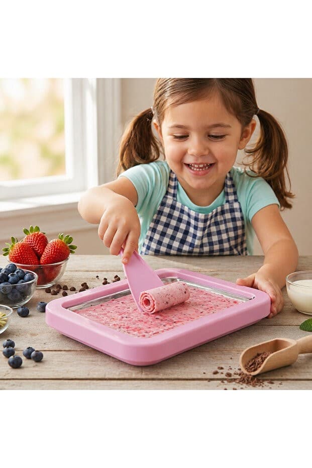 PEMBE Ev Tipi Rulo Dondurma Tepsisi Seti | Frozen Roll Ice Cream Makinesi | Spatulalı Buzlu Dondurma Yapma