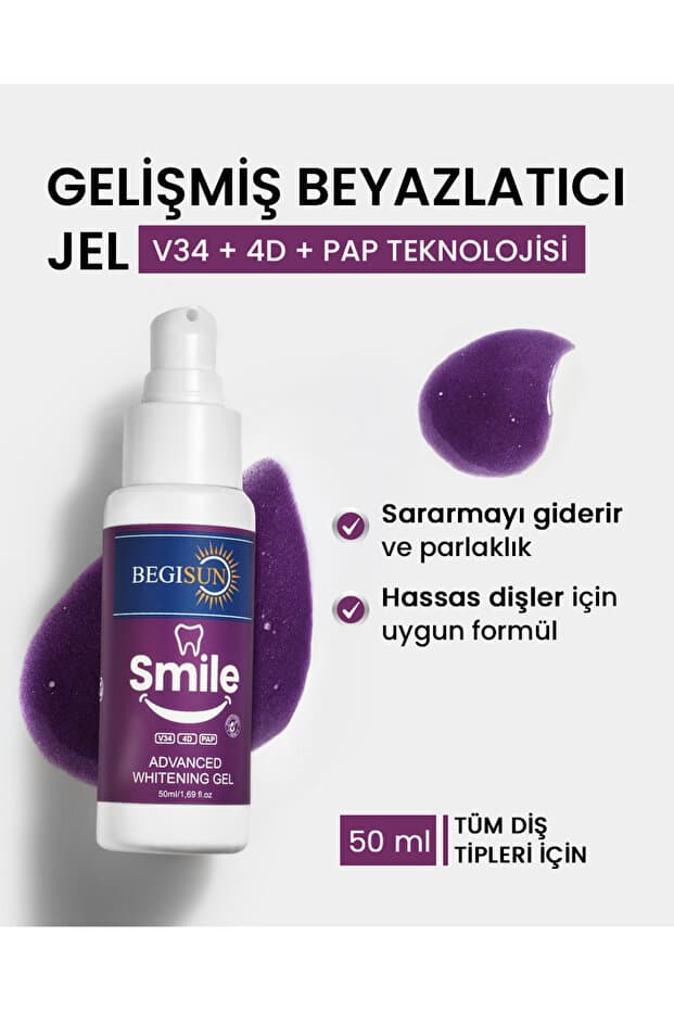 Begisun V34 + 4D | Mor Teknoloji ile Gelişmiş Formül Diş Beyazlatma Jeli