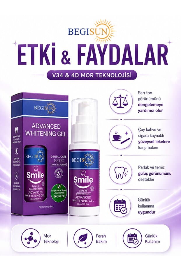 Begisun V34 + 4D | Mor Teknoloji ile Gelişmiş Formül Diş Beyazlatma Jeli